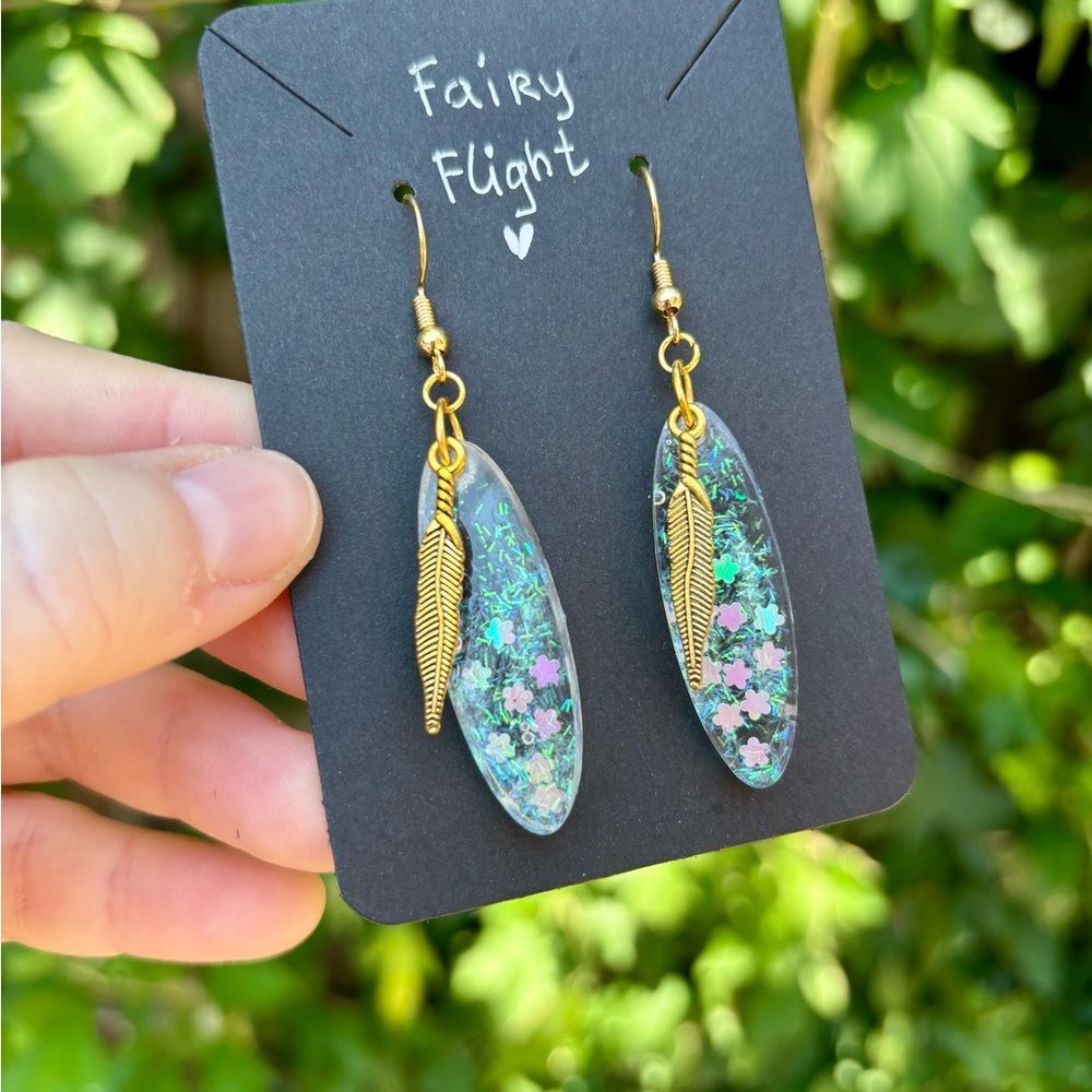 Fairy Flight ✨ Handmade Resin Earrings with Gold Feather Charm 💫
